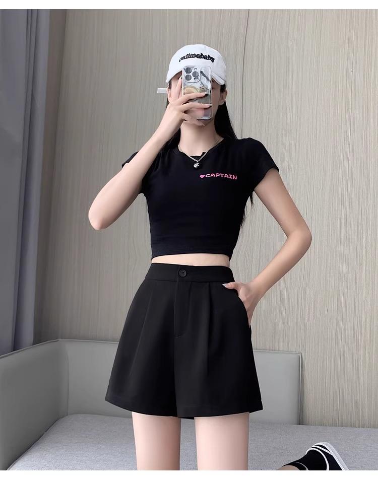 Women's 2024 French A-Line Black Summer Shorts - High Waist, Thin, Loose, Wide-Leg Design