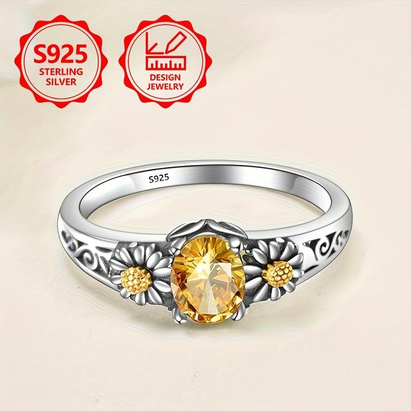 Women's 925 Silver Yellow Synthetic Zircon Ring Elegant Fashion Daisy Inlaid Synthetic Zircon Suitable for Proposal, Engagement, Wedding Ring