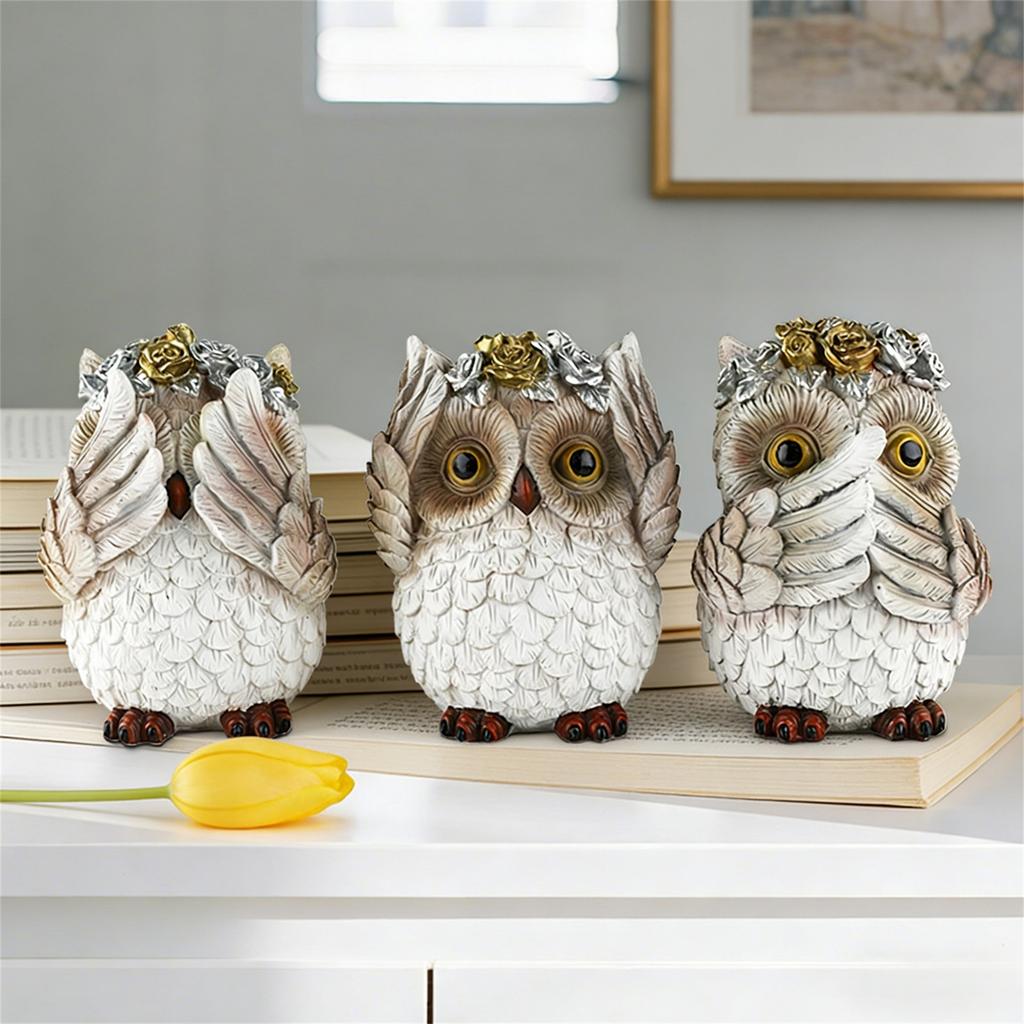 Resin Hører Ikke, Ser Ikke, Sier Ikke, Uglepynt, Skrivebordsdekorasjon