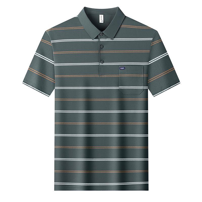 Herren Sommer Gestreiftes Poloshirt: Lockere Passform, Kurzarm, Reverskragen, Tasche, Lässiges vielseitiges Oberteil XL grün