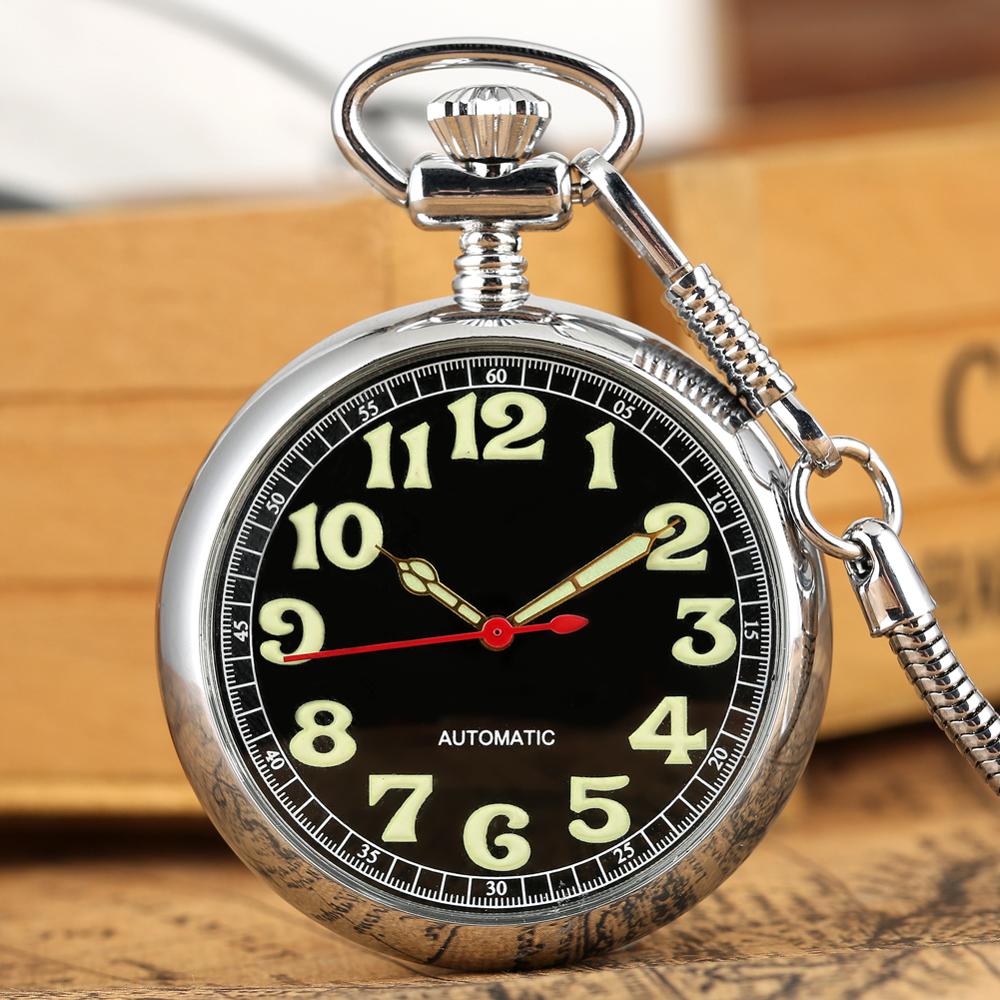 

Luminous Numbers Dial Mechanical Automatic Pocket Watch Self Winding Pocket Snake Chain Luxury FOB Watch Noctilucent Fluorescent срібний