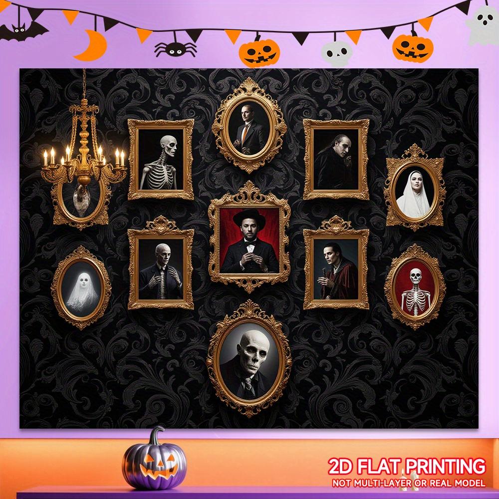 One Halloween decoration scene with a terrifying mansion background, featuring a dramatic Gothic skull portrait design