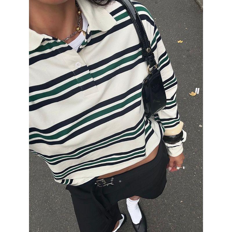Miu Series Visual Sense American Retro Sexy Contrast Color Stripes Polo Collar Lazy Sense Long Sleeves Versatile T-shirt