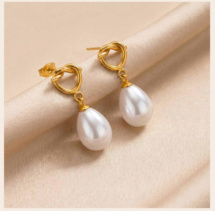Drop Earrings with Knot Teardrop Pearl, 18K Gold Plated Stainless Steel Dangle Jewelry, Waterproof Anti-Tarnish Party Gift