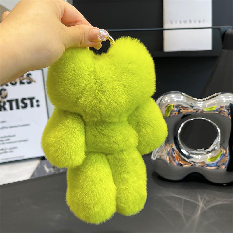 Plush Real Rex Rabbit Fur Keychain Cute Frog Toy Kids Schoolbag Pendant Women Car Key Charm Trinkets Jewelry Ring Ornaments GifT