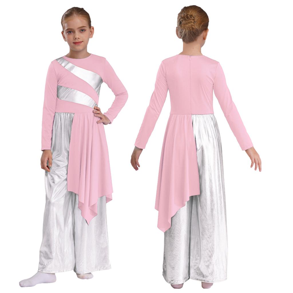 Girls Liturgical Dance Bodysuit Praise Worship Costume Metallic Color Block Wide-Leg Jumpsuit