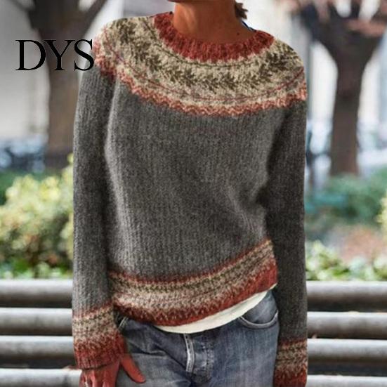 Comfortable Pullover Women Sweater Crew Neck Design Long Sleeve Patchwork Breathable Color Knitting Jumper Loose Fit Casual Knitwear Soft Knit Top