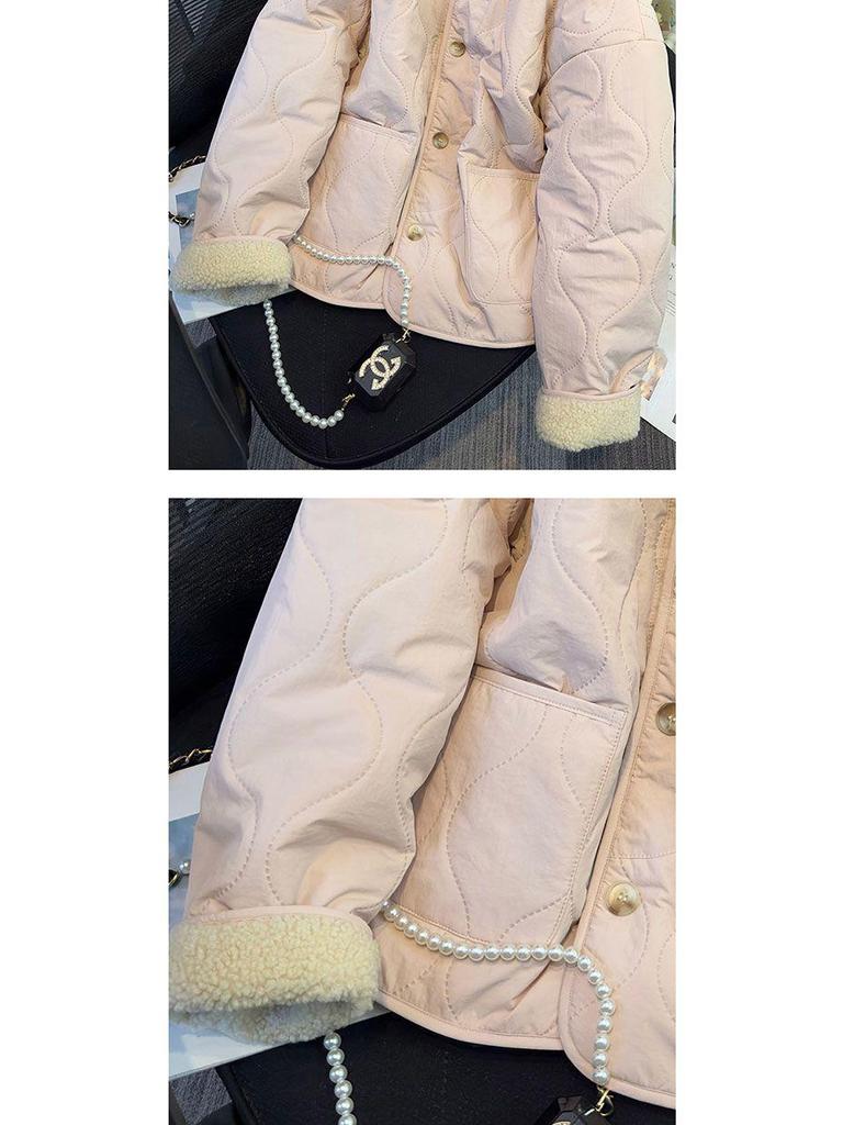 Women's Pink Fleece-Lined Cotton Coat - 2025 Autumn/Winter Fashionable Student Commuting Padded Jacket