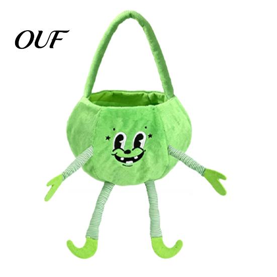 Halloween Pumpkin Candy Bucket Basket with Handle, Soft Plush Trick or Treat Bag for Kids, Personalized Pails Portable Holiday Party Favor Storage