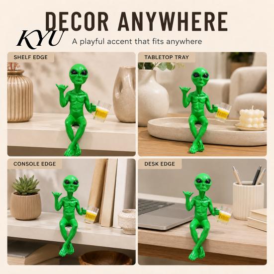 Decorative Alien Figures for E-sports Room Fuunny Statue, Green with Beer Glass Figurine, Home Office Desktop Ornament Bar Pub Game Shelf Workstation