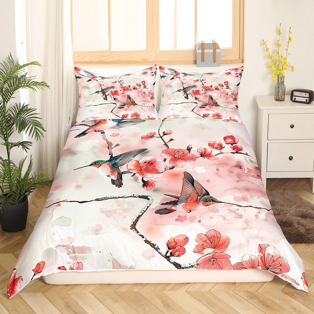 Hummingbird Floral Duvet Cover Birds Bedding Set Blue Green Spring Wild Animals Botanical Comforter Cover Polyester Quilt Cover