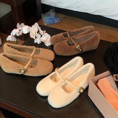 Versão de lã verdadeira~ aumento da altura interna 4cm uva ma sapatilhas de ballet sapatos quentes e fofos de veludo para mulheres usar sapatos Mary Jane no inverno