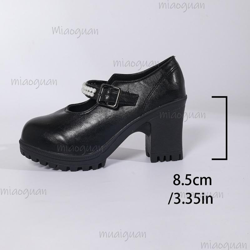 Fashion Mary Janes High Heel Pumps British Style Leather Shoes for Women 2025 Loafers Chunky Heels Shallow Mouth Single Shoes Black