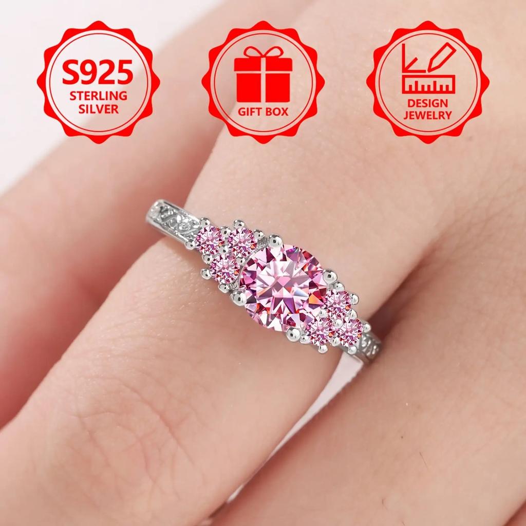 sterling silver women's engagement ring, luxurious and elegant style, paired with a sparkling pink artificial gemstone