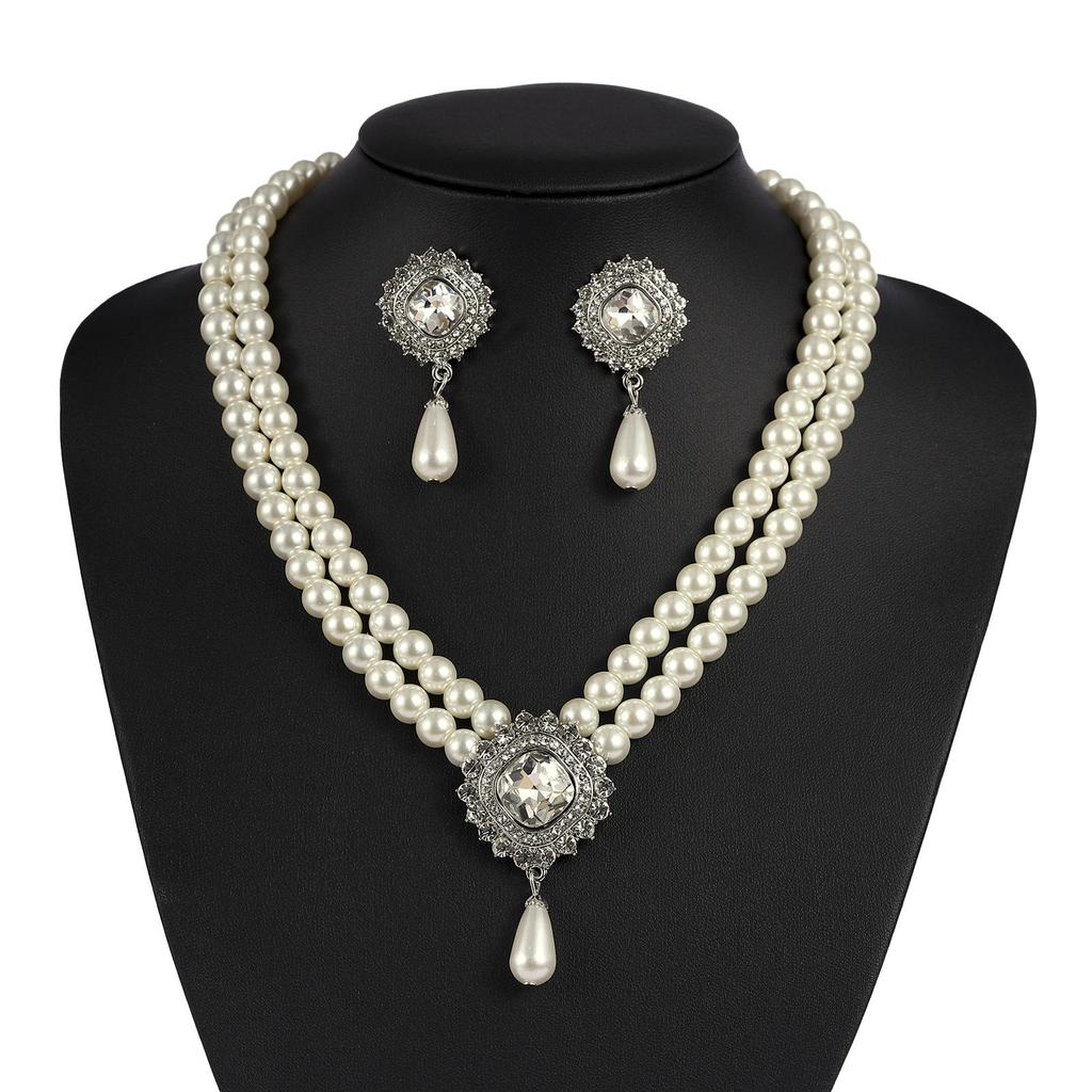 European-American French Style Beaded Choker Necklace with Imitation Pearl and Rhinestone Square Fashion Collar Jewelry Set