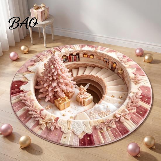 Living Room Xmas Rug 3D Optical Illusion Round Christmas Rug, Cute Santa Claus Crystal Velvet Floor Mat, Non Slip Decor Vivid Printed Circular Carpet