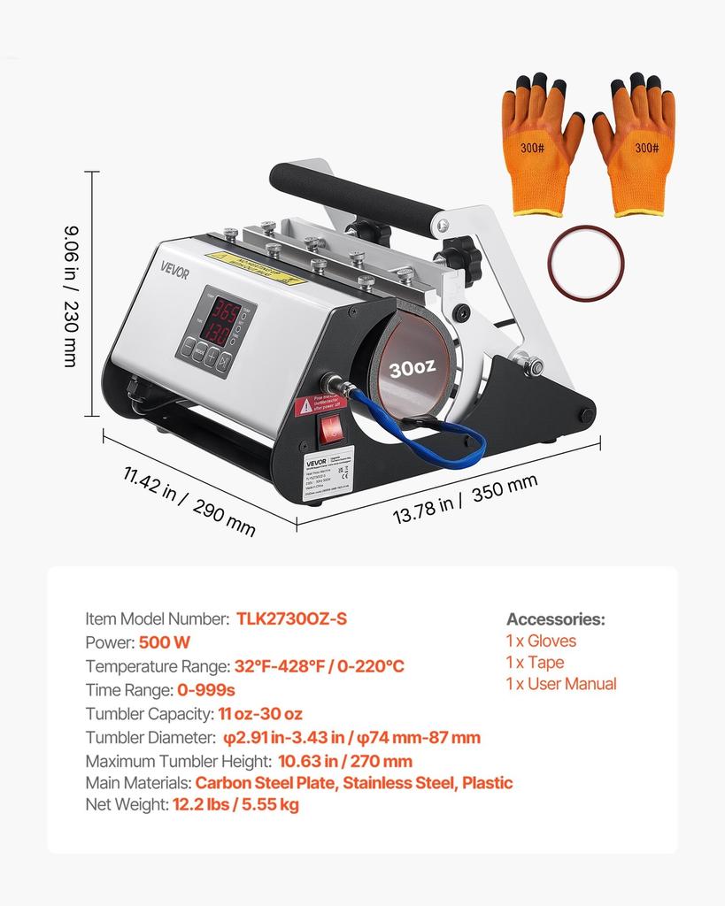 Tumbler Heat Press Machine, Max 887 mL Mug Press, Fast and Even Heating, with Tape and Gloves, Easy Temp and Time Setting, Heat Transfer for