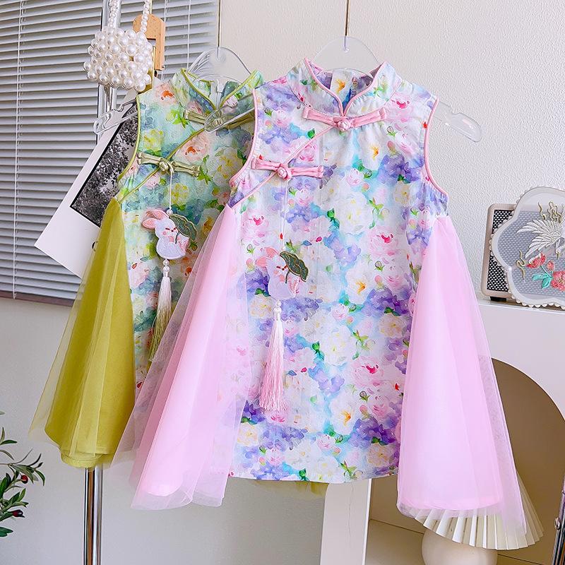 Girls Summer Chinese Mesh Princess Vest Dress Improved Cheongsam Dress