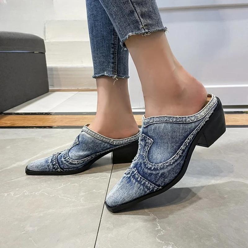 Fashion British Style Women Pointed Toe Sandals Luxury Outdoor Half Slippers Slip On Mules Femme Shoes Ladies Denim Chunky Heeled Slides