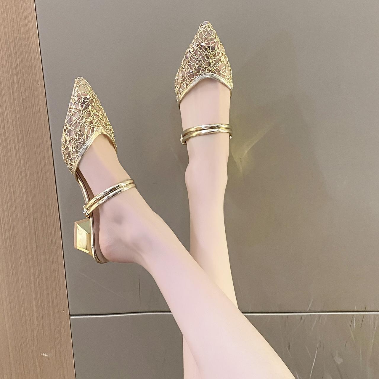 

Fashion Baotou Sandals for Women Summer Thick Heels Slippers New Middle Heels for Women Fairy Style Sandals Women Designer Pumps 43 золотой