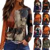 Women's Halloween Print Long Sleeve Top with Side Slit Round Neck for Casual Everyday Wear