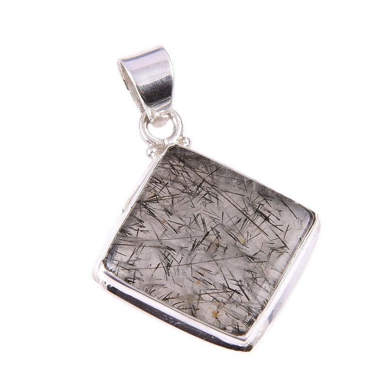 Piatră prețioasă Rutil Negru Natural Argint Sterling Masiv 925 Pandantiv Cadou 1,5" u4G44