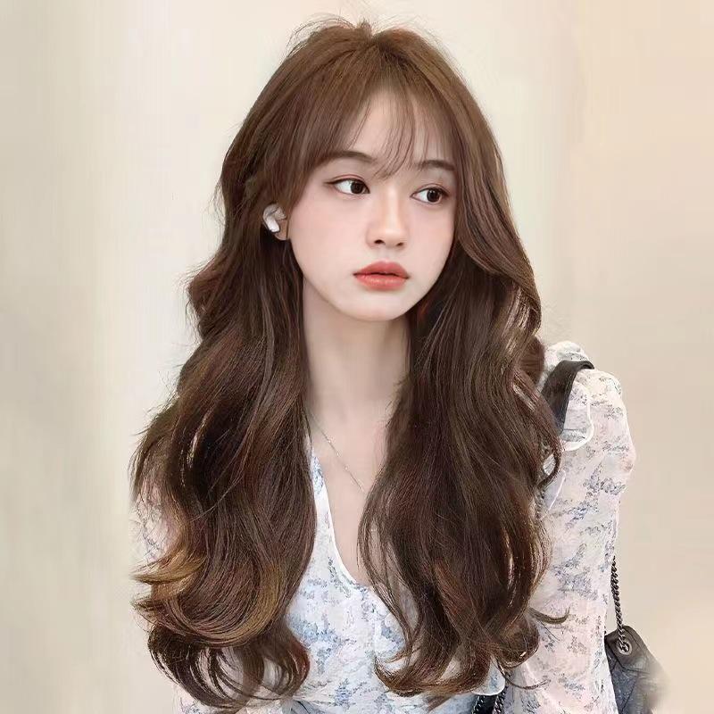 Trendy Long Curly Wig with Air Bangs - Realistic Fluffy Waves for a Fashionable Look
