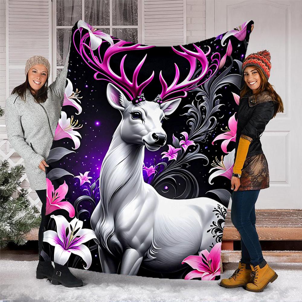 1pc Fantasy Deer Print Throw Blanket Polyester Fiber, Lightweight Flannel, Soft & Warm, All Season Use for Outdoor, Camping Digital Print