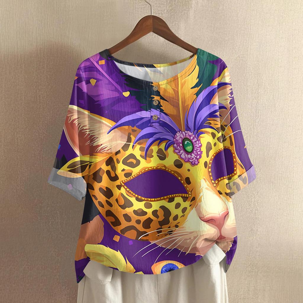 Women's Fashionable And Casual Shirt Half Sleeve Round Neck Print Cotton And Linen Blouse Top