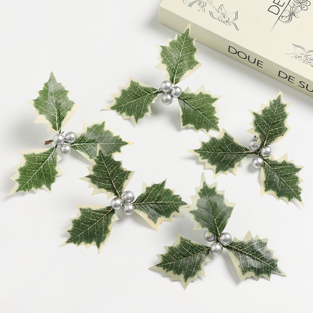 10Pcs Artificial Holly Berries Green Leaves for Christmas Decoration Fake Leaf for Home Decor Navidad New Year Gift Accessories