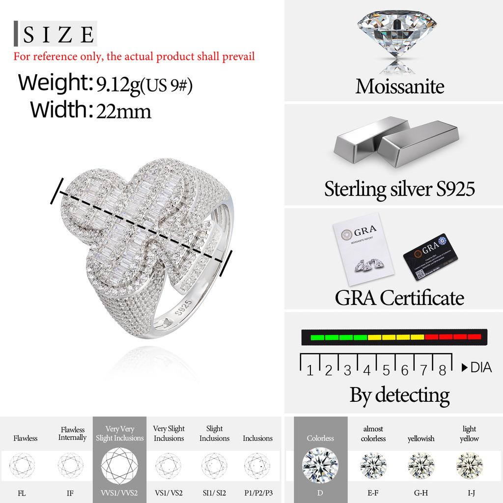 Sparkling Statement Rappers Jewelry Gold Plated 925 Sterling Silver VVS Baguette Moissanite Diamond Plum Blossom Ring for Men