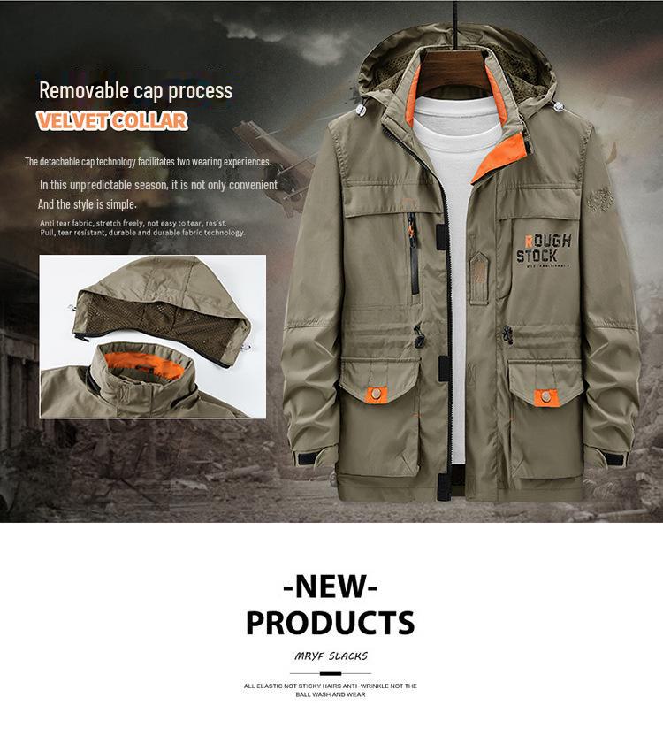 Men's Mid-Length Hooded Outdoor Jacket - Autumn/Winter, Plus Velvet, Multi-Pocket, Loose Fit