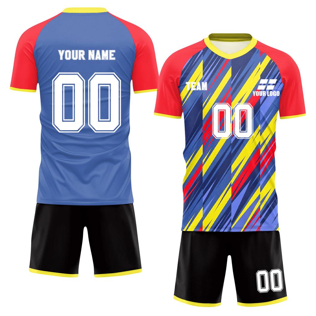 Men's Short Sleeve Two-Piece Soccer Jersey Set Lightweight Breathable Fabric Athletic Sportswear with Graphic Print and Solid Back Design