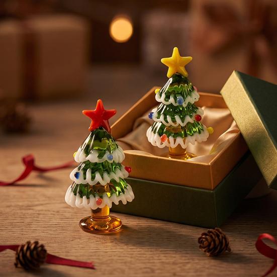 Collectable Glass Table Decor Handmade Mini Christmas Tree Figurine, Blown Tabletop Ornament with Solid Craftsmanship Pieces Star Topper, Desktop for