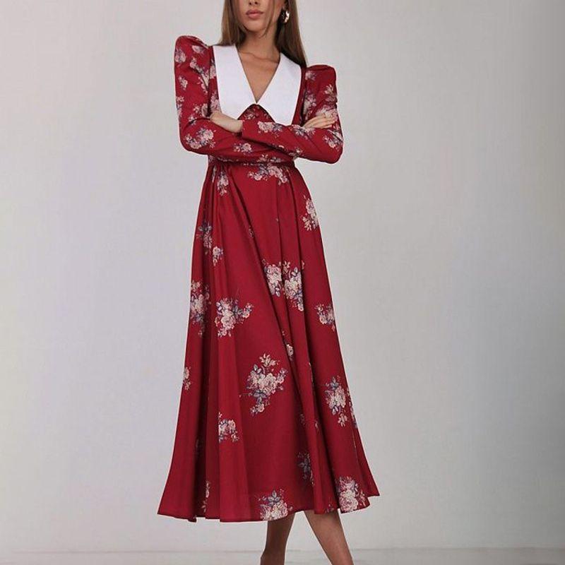 

Temperament Long Dress Early Spring Foreign Trade New Retro Print Big Hemline Dress Temperament Long dress Red L