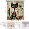 Rustic Black Cat and Sunflower Shower Curtain, Retro Watercolor Cartoon Cat Design, Polyester Fabric Bathroom Trim with Hooks