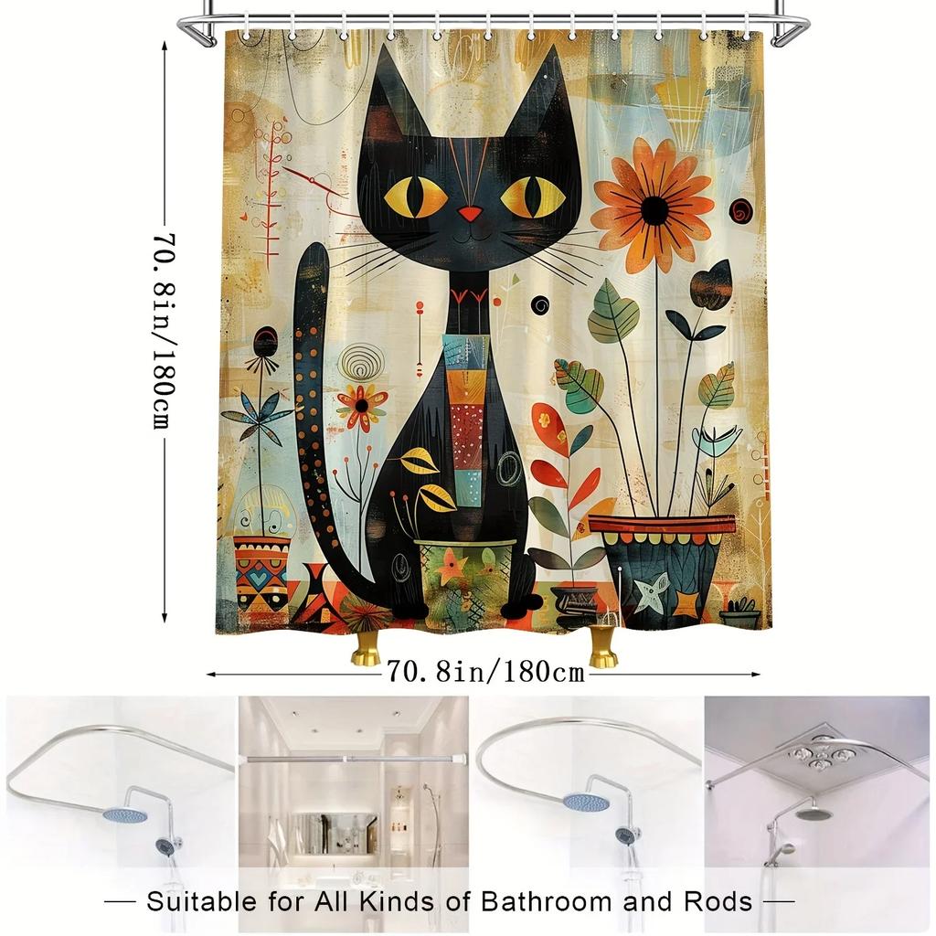 Rustic Black Cat and Sunflower Shower Curtain, Retro Watercolor Cartoon Cat Design, Polyester Fabric Bathroom Trim with Hooks