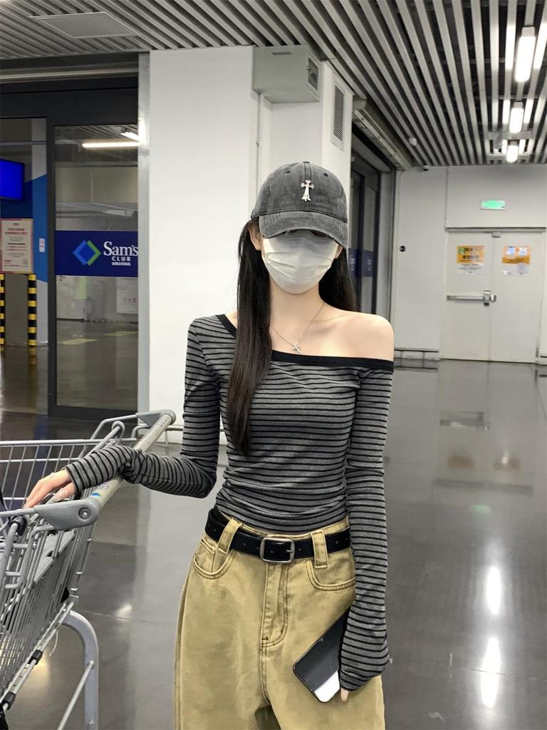 Stylish Slim-Fit Striped Off-the-Shoulder T-Shirt for Women – Spicy Autumn Vibe