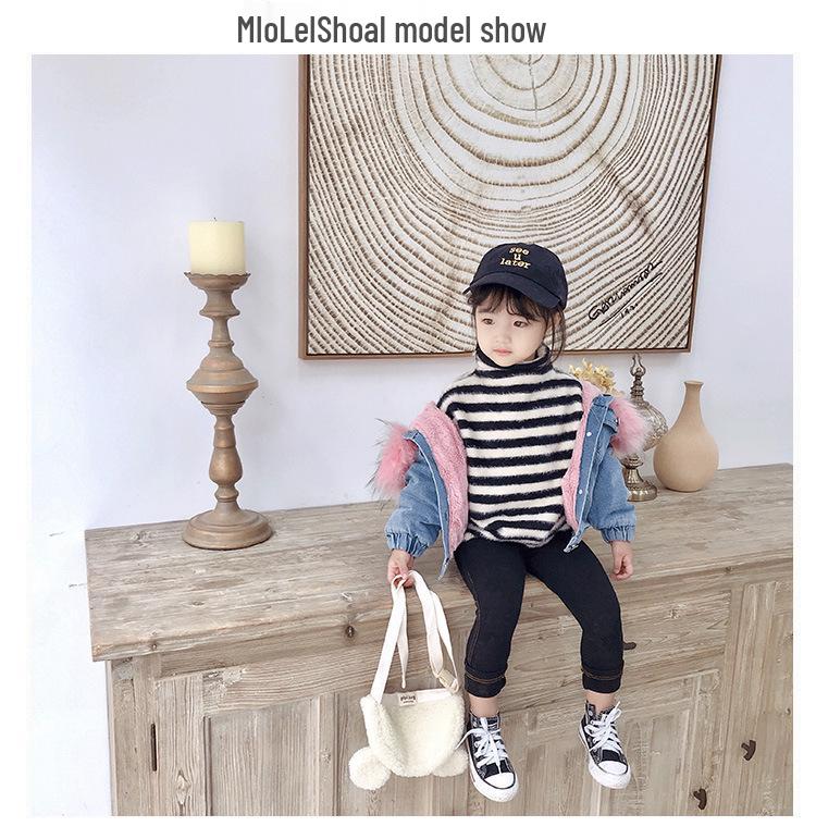 Geacă groasă din denim căptușită cu fleece pentru fete și băieți cu guler mare de blană - Stil coreean de iarnă pentru bebeluși și copii mici