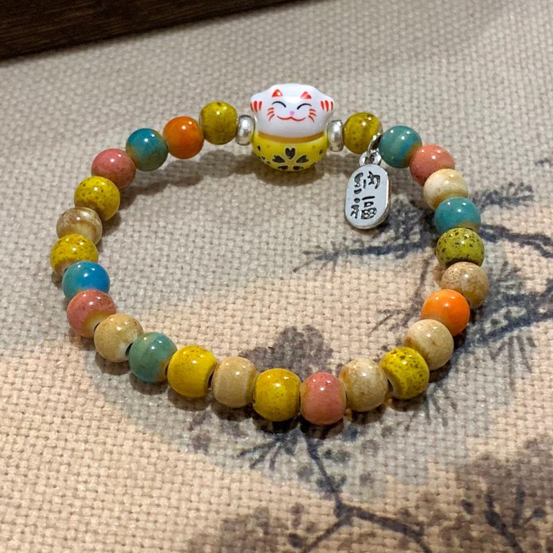 Bracelet Chat Porte-Bonheur Dessin Animé Mignon Pour Femmes Filles Bracelets Élastiques Colorés à Perles Breloques Chat en Céramique Bijoux Cadeaux