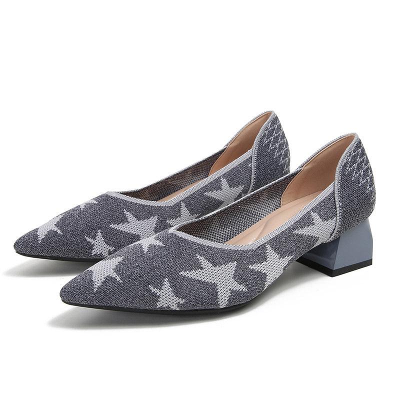 Flying Woven Single Shoes Temperament Fan Color Medium Heel Knitted Pointed Boat Shoes Single Thick Heel