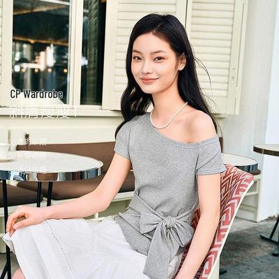 Women's Off-Shoulder Tie-Strap Slim-Fit Short Sleeve T-Shirt