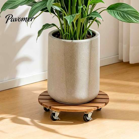 Outdoor Planter Tray with Wheels Round Wood Plant Caddy Wheels, Heavy Duty Rolling Stand Garden Pot Lockable Casters Casters, Movable Flower