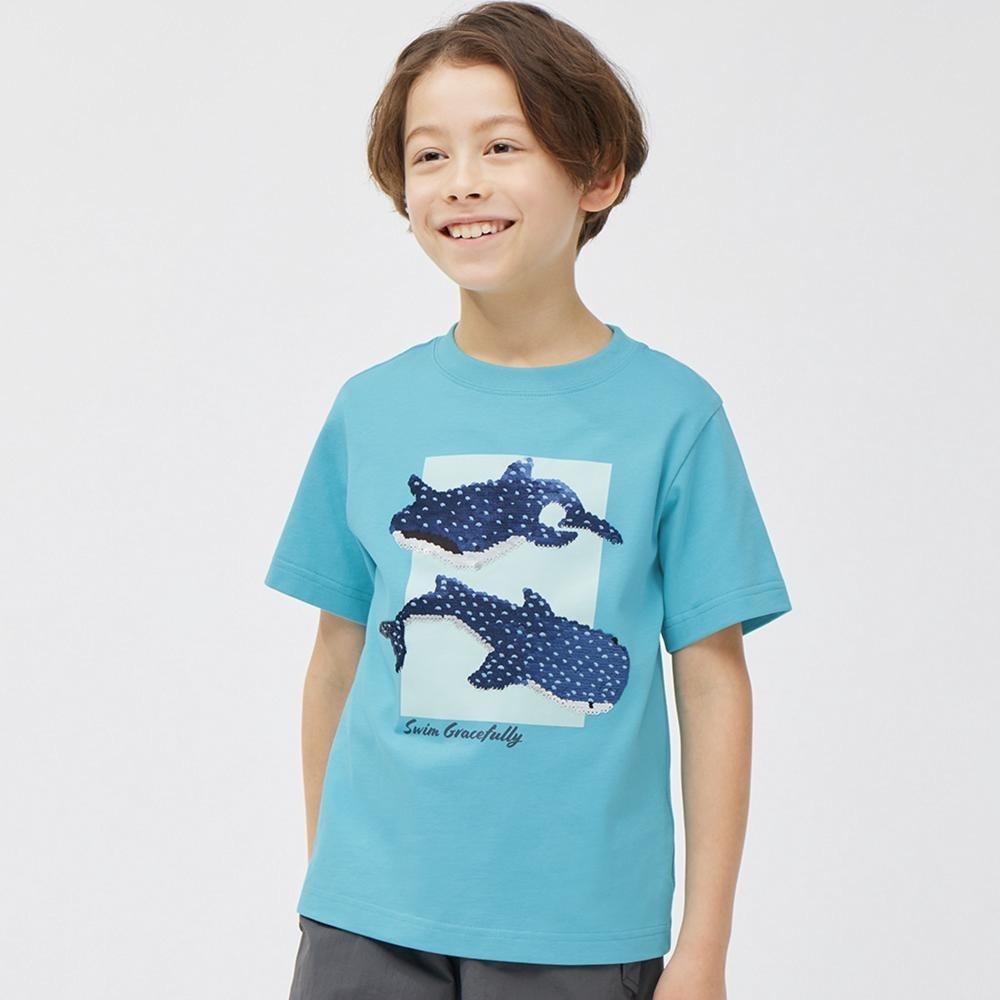 

GU by Uniqlo Kids Унисекс Футболка с пайетками и короткими рукавами Китовая акула +E