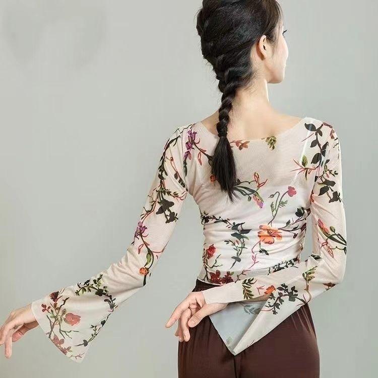 Klasik Dans Üstleri Modern Dans Uygulama Kıyafetleri Kadınlar İçin Slim Fit Baskılı Dans Kostümleri