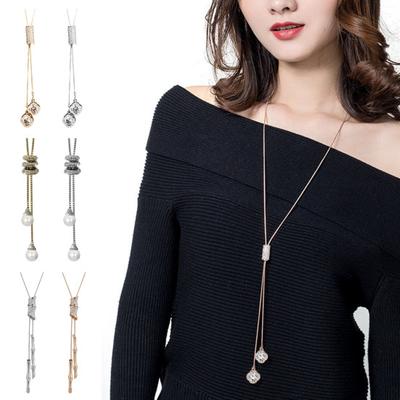 Women Sweater Chain Long Tassel Faux Pearl Rhinestone Decor Alloy Clothes Jewelry Dating