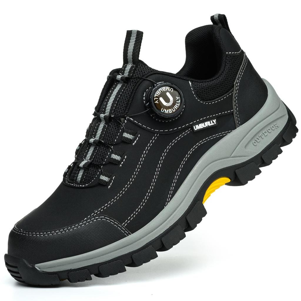 Scarpe antinfortunistiche da uomo impermeabili con puntale in acciaio, chiusura a rotella, in pelle nera, scarpe da lavoro da uomo, sneakers protettive antiscivolo