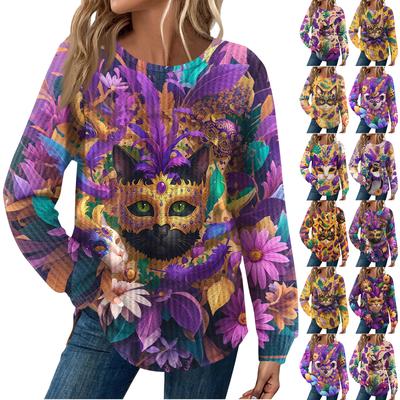 Women's Fashion  Loose Long Sleeve Carnival Print  Round Neck Casual Top