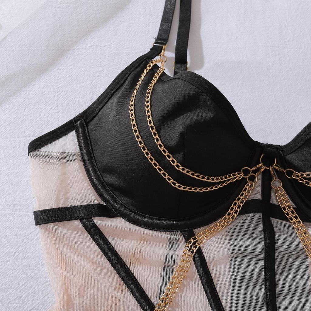 Damen Sexy Dessous-Set, Mit Metallkette Verziert, Durchsichtiges Netz Slim Fit Outfit Mit Strümpfen