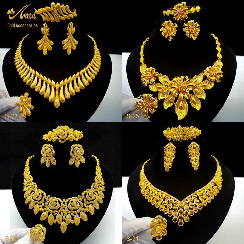 24K Gold-Plated Bridal Jewelry Set: Necklace & Earrings, Middle Eastern Wedding Style, Dubai Four-Piece Set